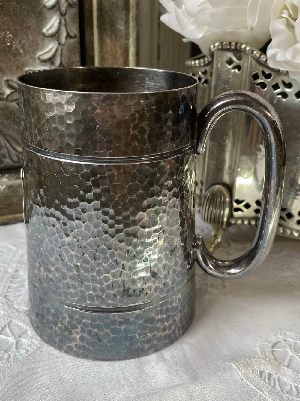 Mappin & Webb Silver hammered metal tankard shield Crest